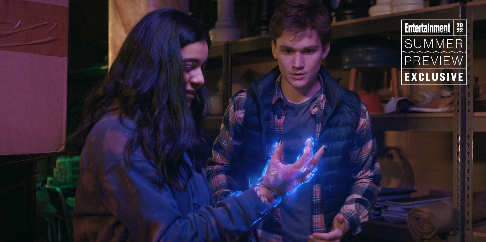 Iman Vellani as Ms. Marvel/Kamala Khan and Matt Lintz as Bruno