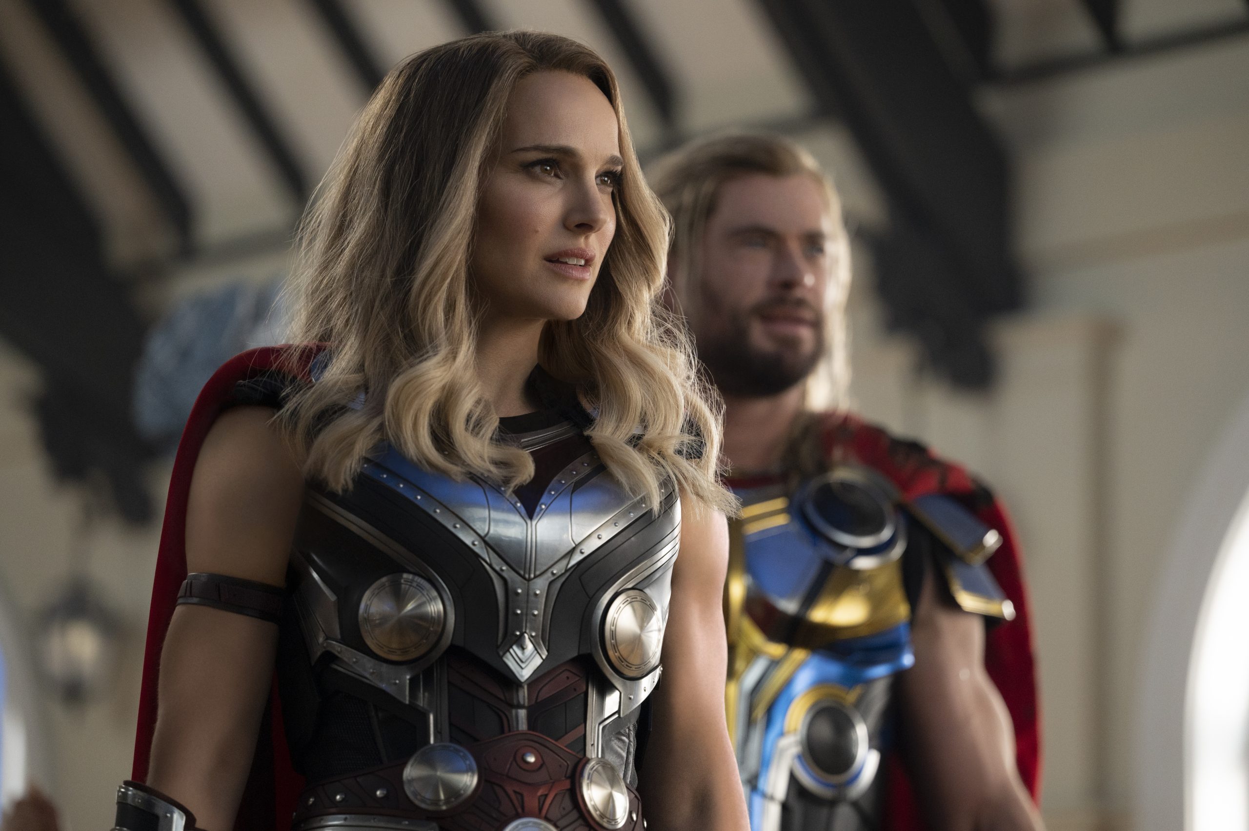 Natalie Portman as Mighty Thor and Chris Hemsworth as Thor in Marvel Studios' Thor: Love and Thunder